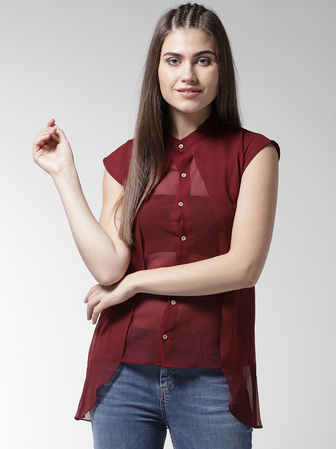 

La Zoire Mandarin Collar Extended Sleeves Georgette Shirt Style Top, Maroon