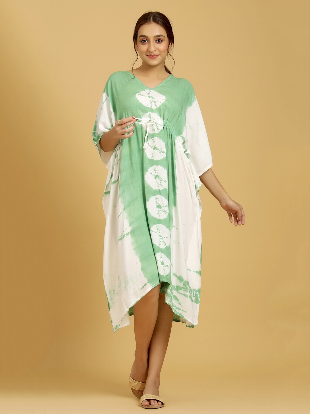 

HANDICRAFT PALACE Tie & Dye Printed Kaftan Nightdress, Green