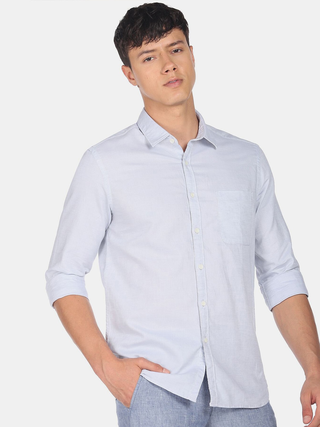 

Flying Machine Cotton Linen Dobby Solid Casual Shirt, Blue