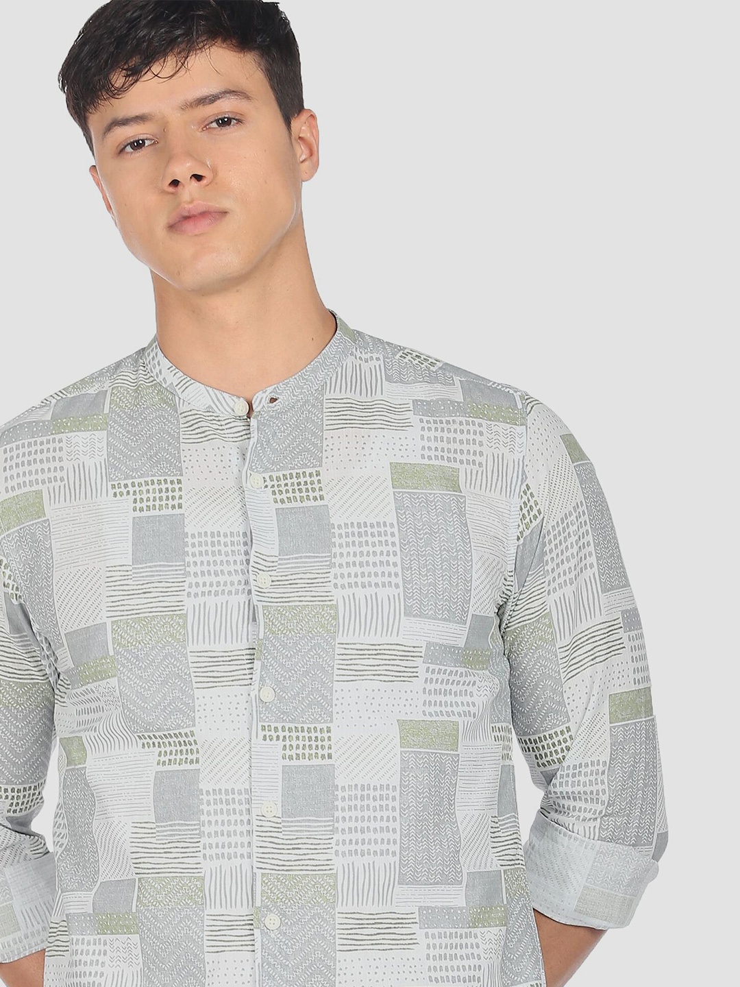 

Flying Machine Mandarin Collar Slub Abstract Print Casual Shirt, Grey