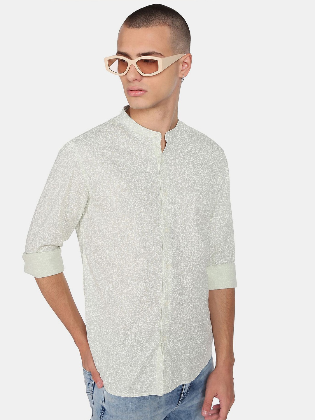

Flying Machine Slub Floral Print Mandarin Collar Casual Shirt, Green