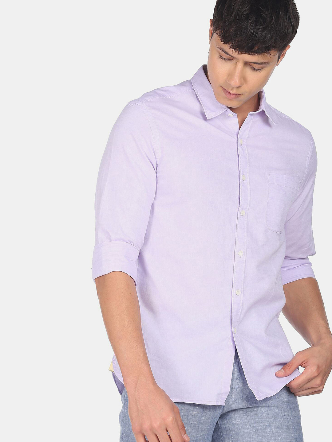 

Flying Machine Cotton Linen Dobby Solid Casual Shirt, Purple