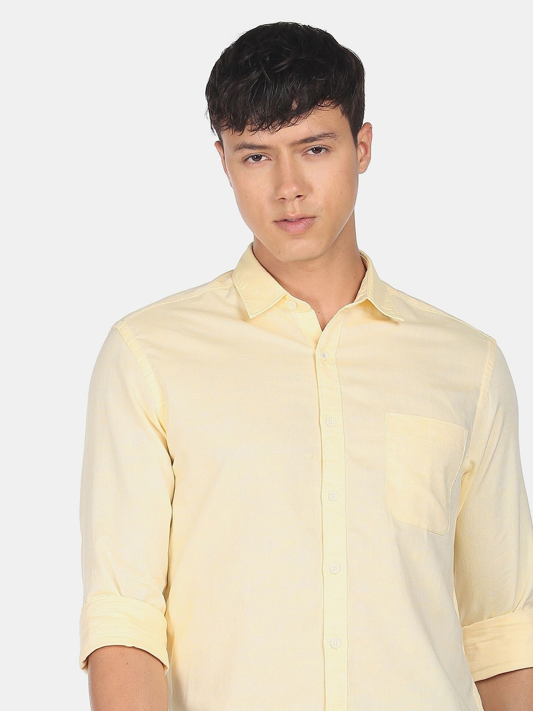 

Flying Machine Cotton Linen Dobby Solid Casual Shirt, Yellow