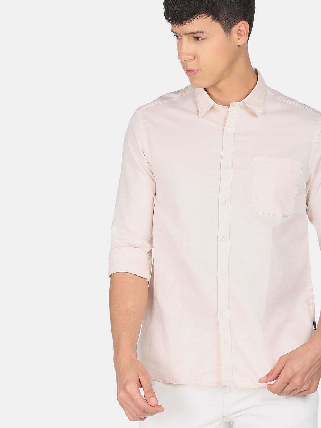 

Flying Machine Cotton Linen Dobby Solid Casual Shirt, Beige