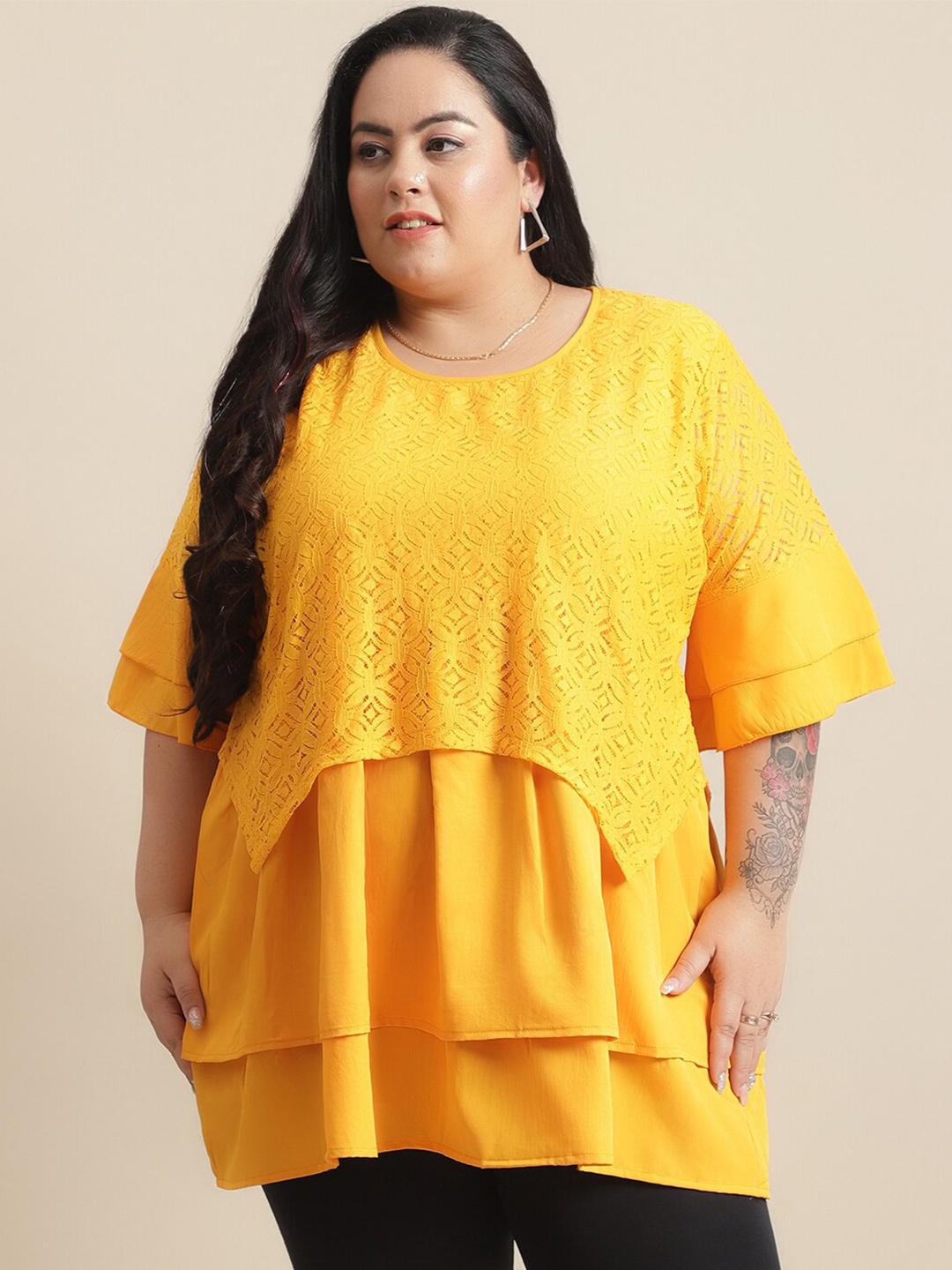 

Flambeur Plus Size Layered Crepe Top, Mustard