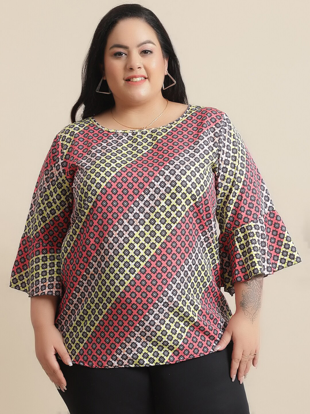 

Flambeur Geometric Print Crepe Top, Green