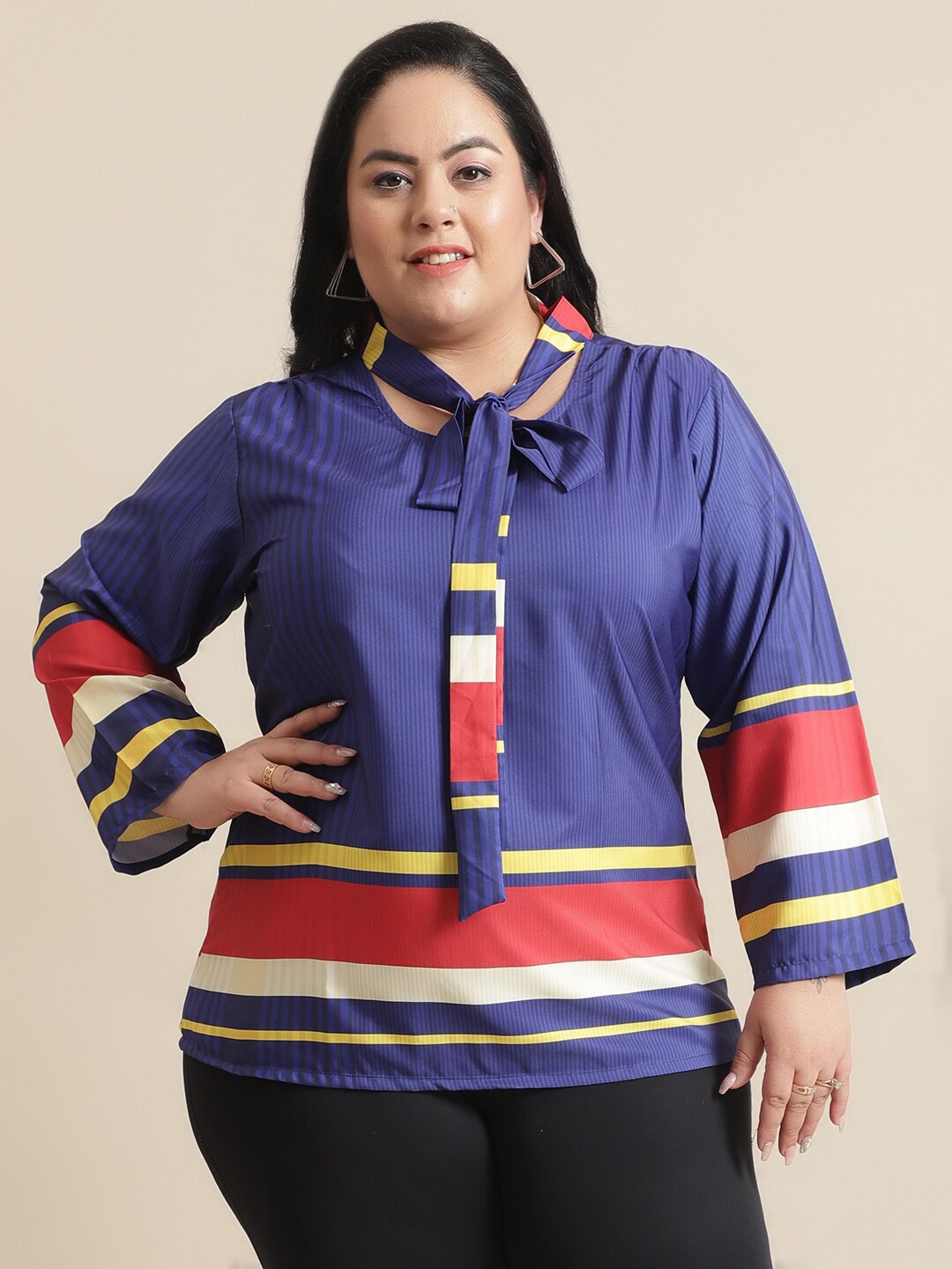 

Flambeur Striped Tie-Up Neck Crepe Shirt Style Top, Blue