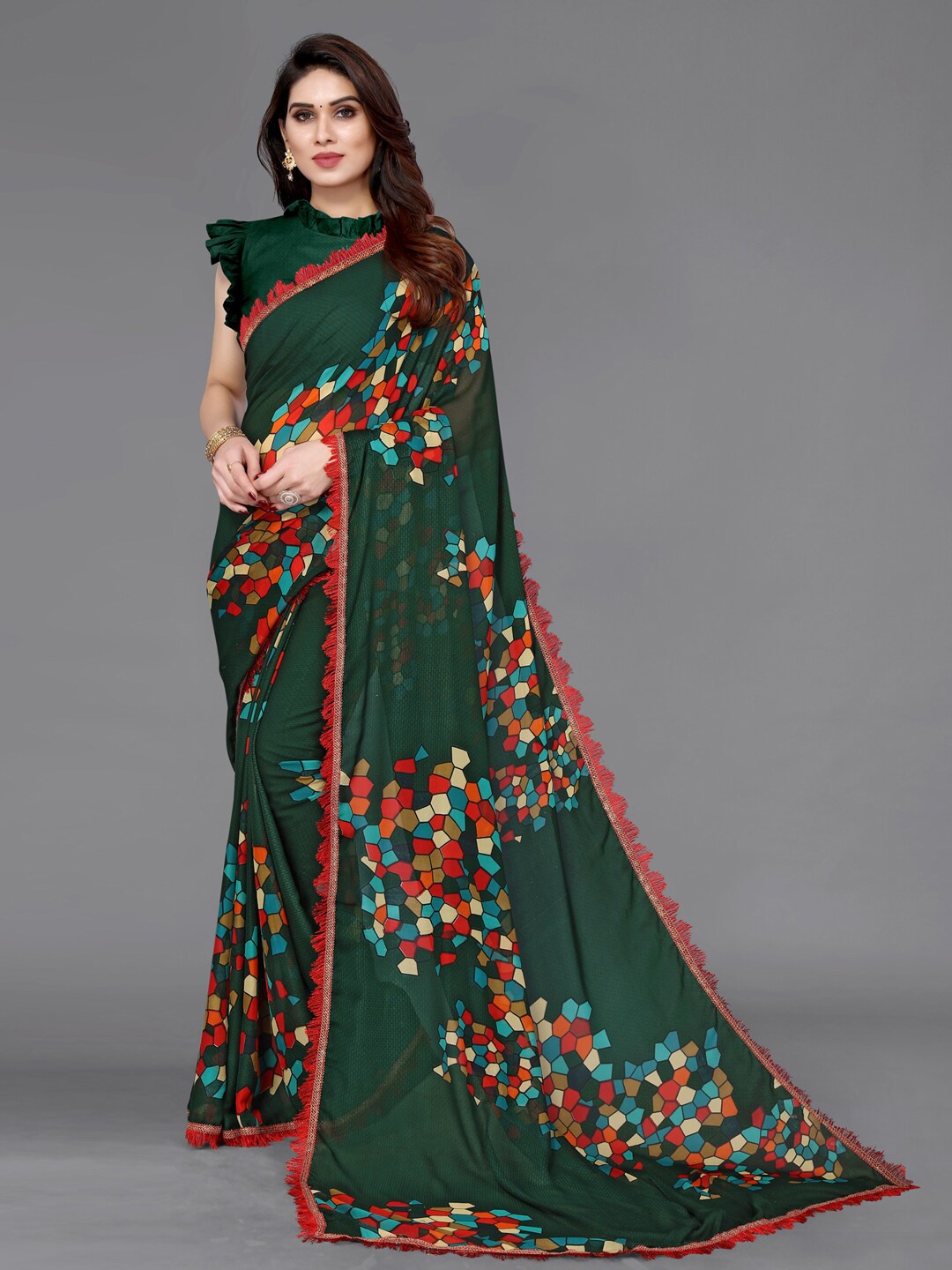 

KALINI Geometric Printed Saree, Green