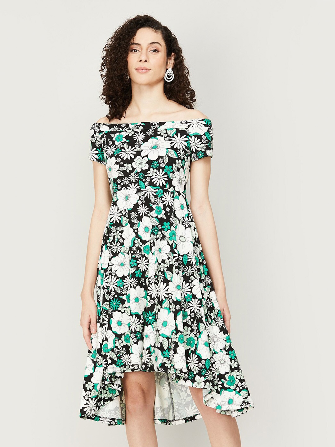 

CODE by Lifestyle Floral Printed Off-Shoulder Fit & Flare Dress, Green