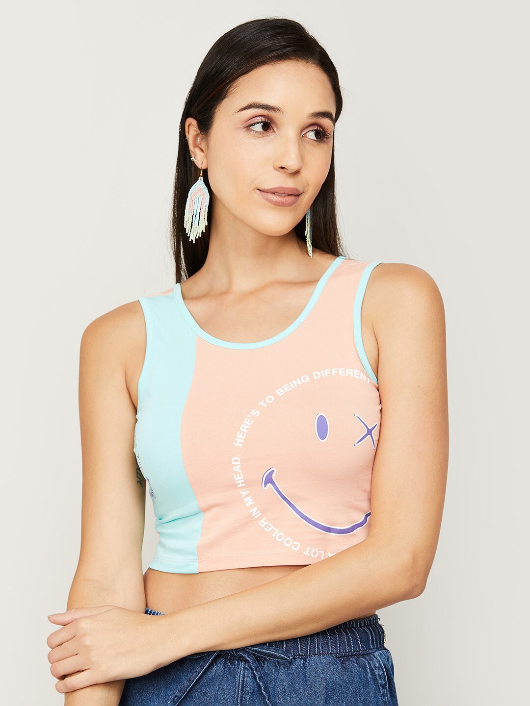

SmileyWorld Printed Cotton Crop Top, Blue