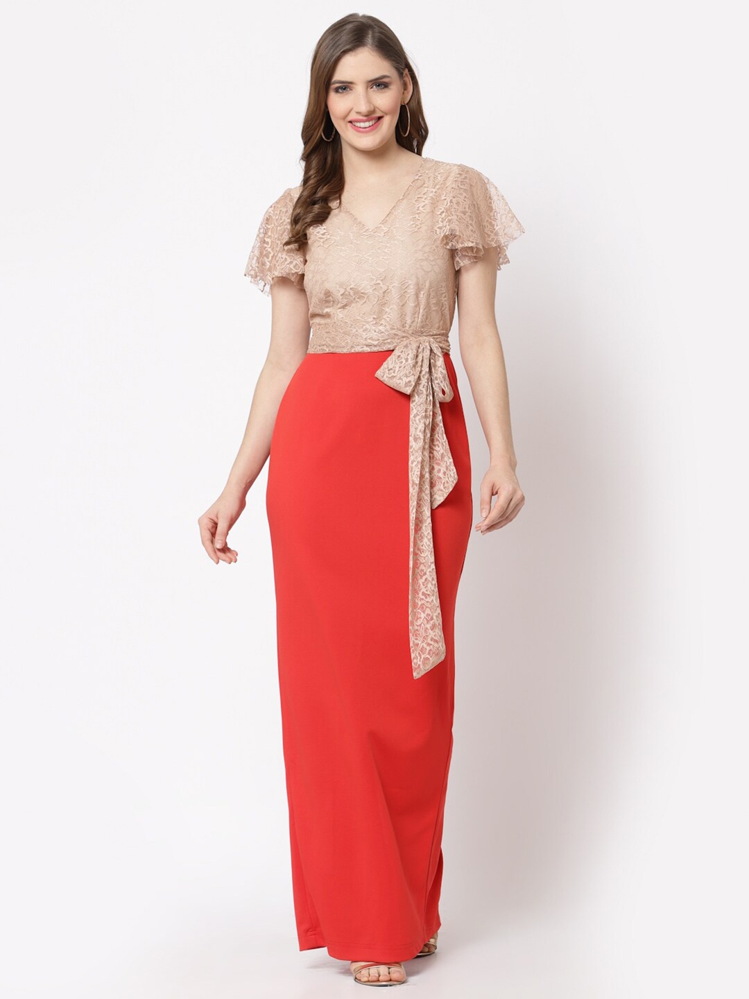 

Just Wow Lace Maxi Maxi Dress, Beige