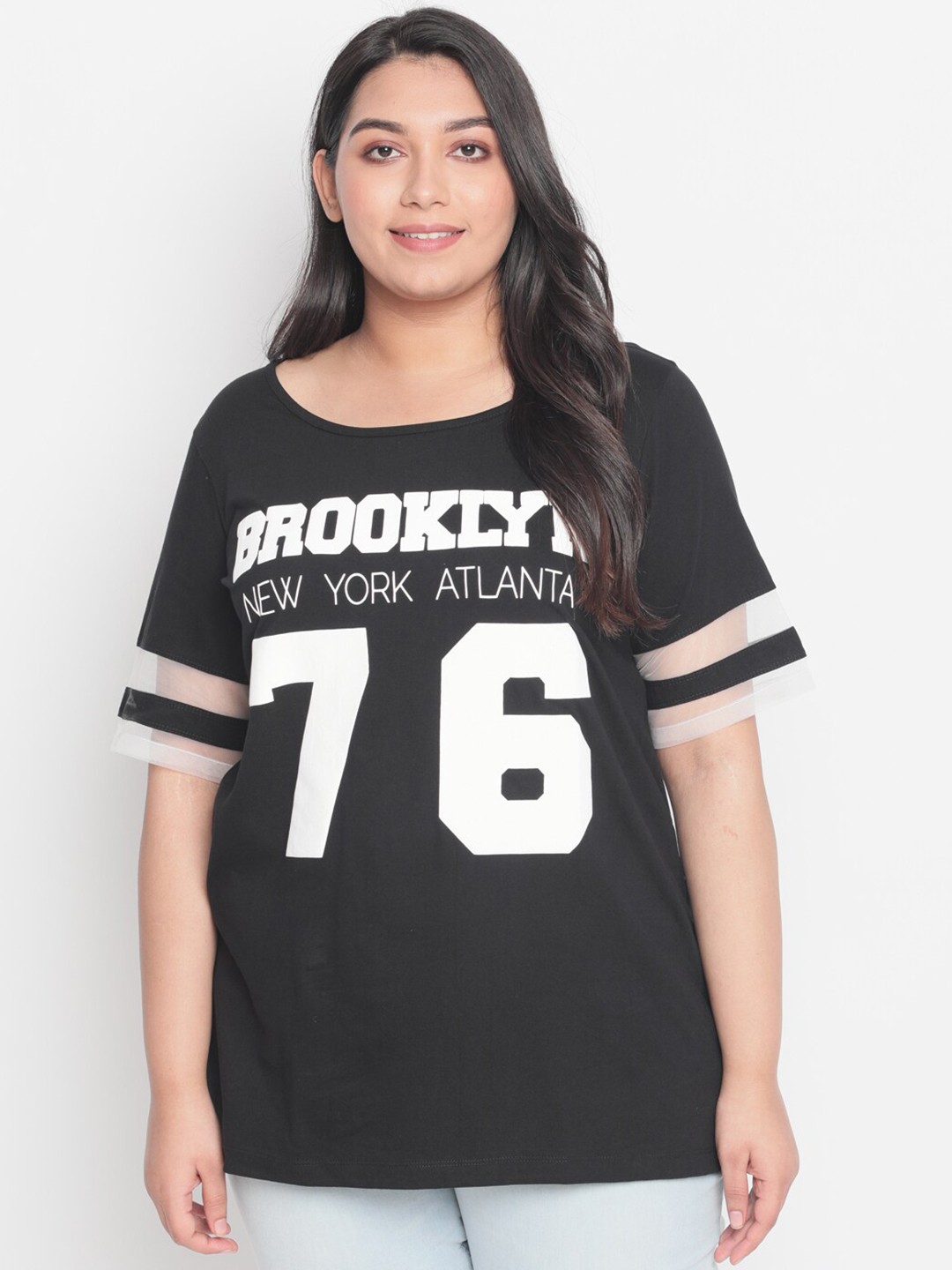 

Amydus Women Plus Size Varsity Printed T-shirt, Black