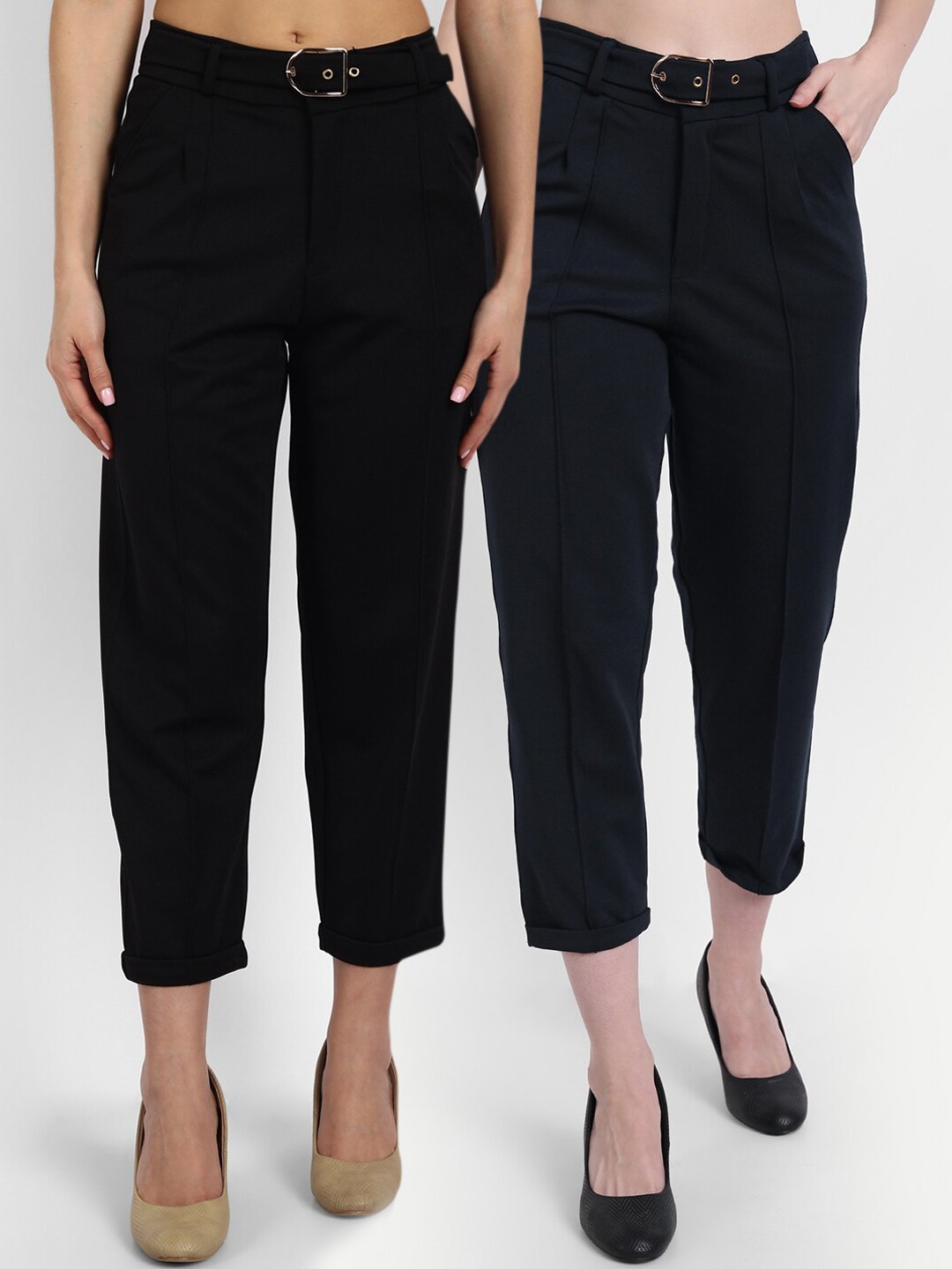 

BROADSTAR Women Pack Of 2 Relaxed Straight Leg High-Rise Formal Trousers, Black