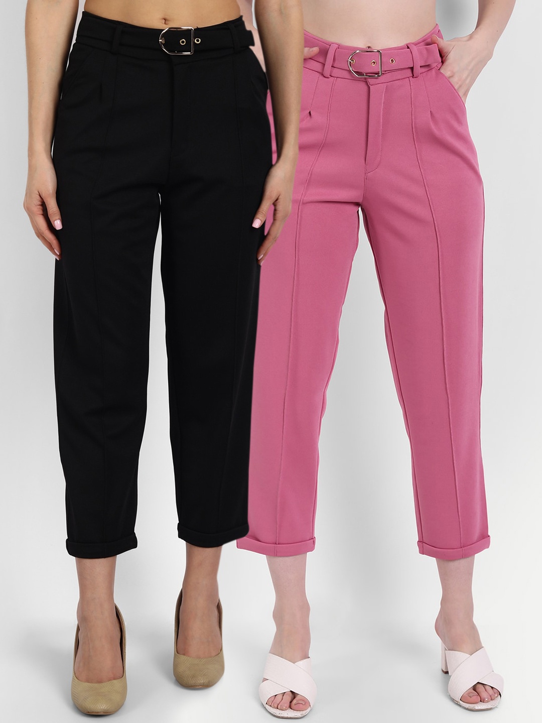 

BROADSTAR Women Pack Of 2 Relaxed High-Rise Easy Wash Trousers, Black