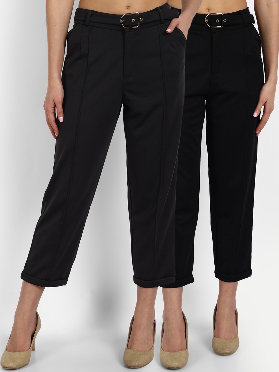 

BROADSTAR Women Pack Of 2 Relaxed High-Rise Easy Wash Pleated Trousers, Black