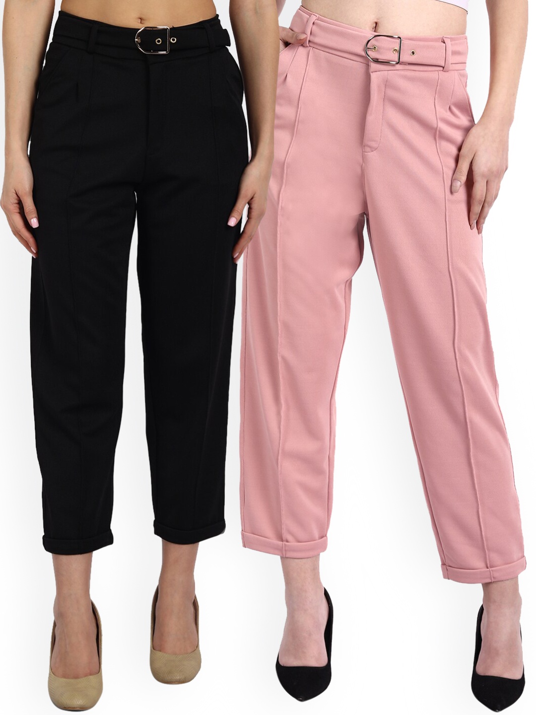 

BROADSTAR Women Pack Of 2 Relaxed Straight Fit High-Rise Easy Wash Trousers, Black