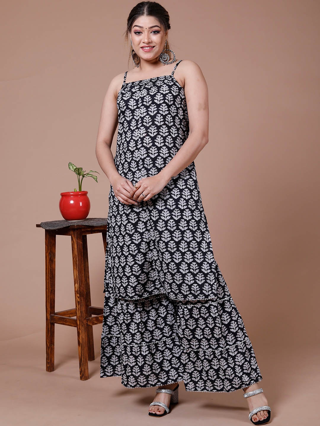 

Shedika Floral Printed Pure Cotton Kurta with Sharara, Black