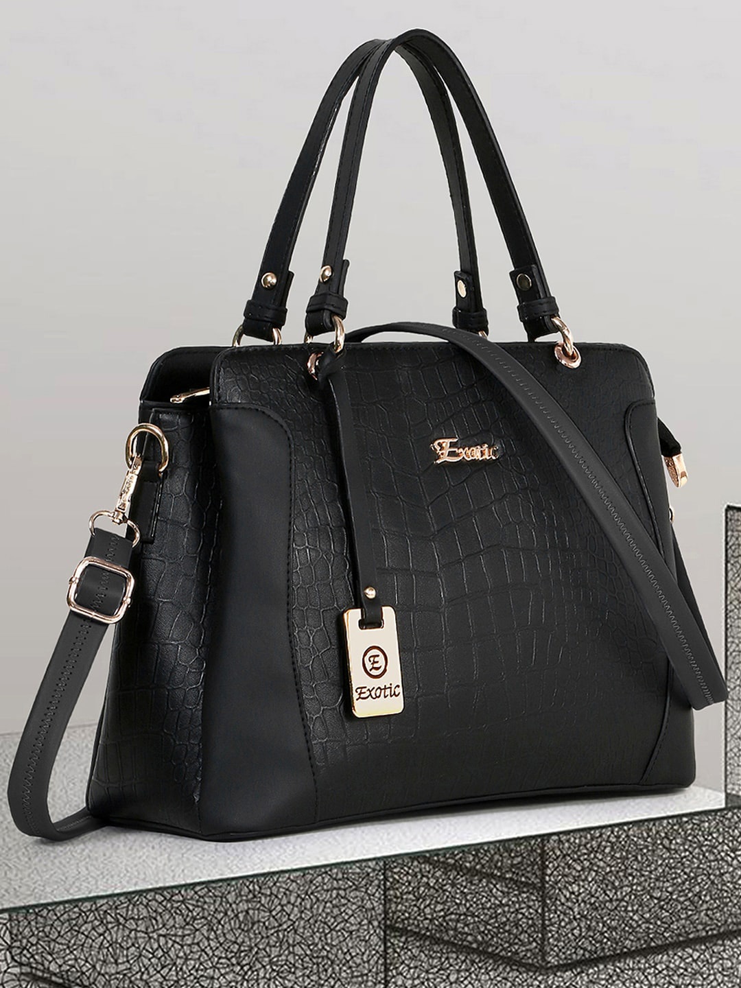 

Exotic Women Animal Textured Oversized Structured Handheld Bag, Black