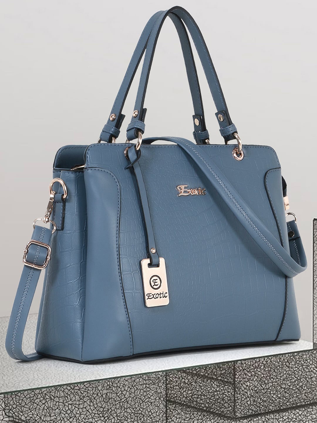 

Exotic Structured Handheld Bag, Blue