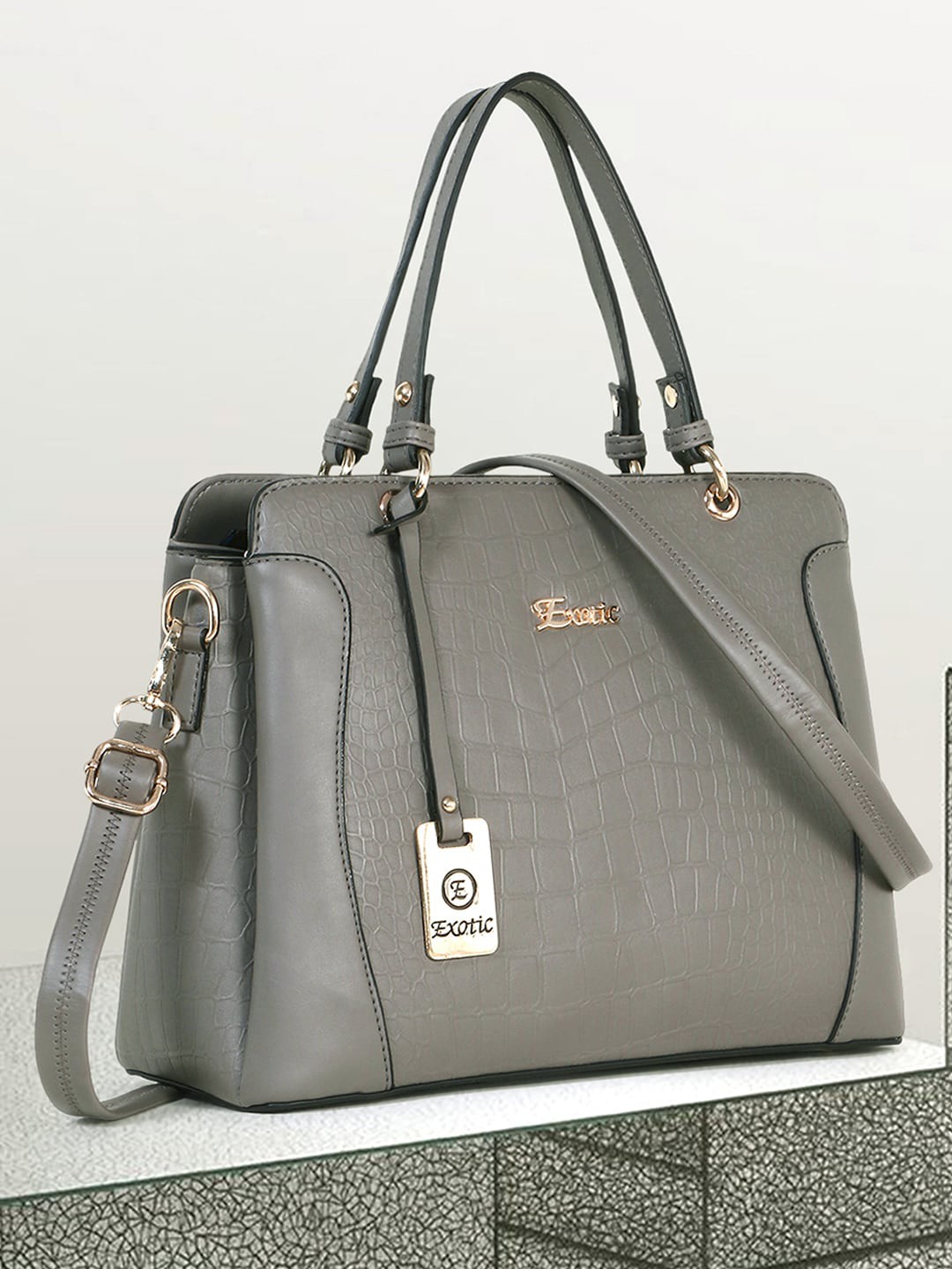 

Exotic Textured Structured Handheld Bag, Grey