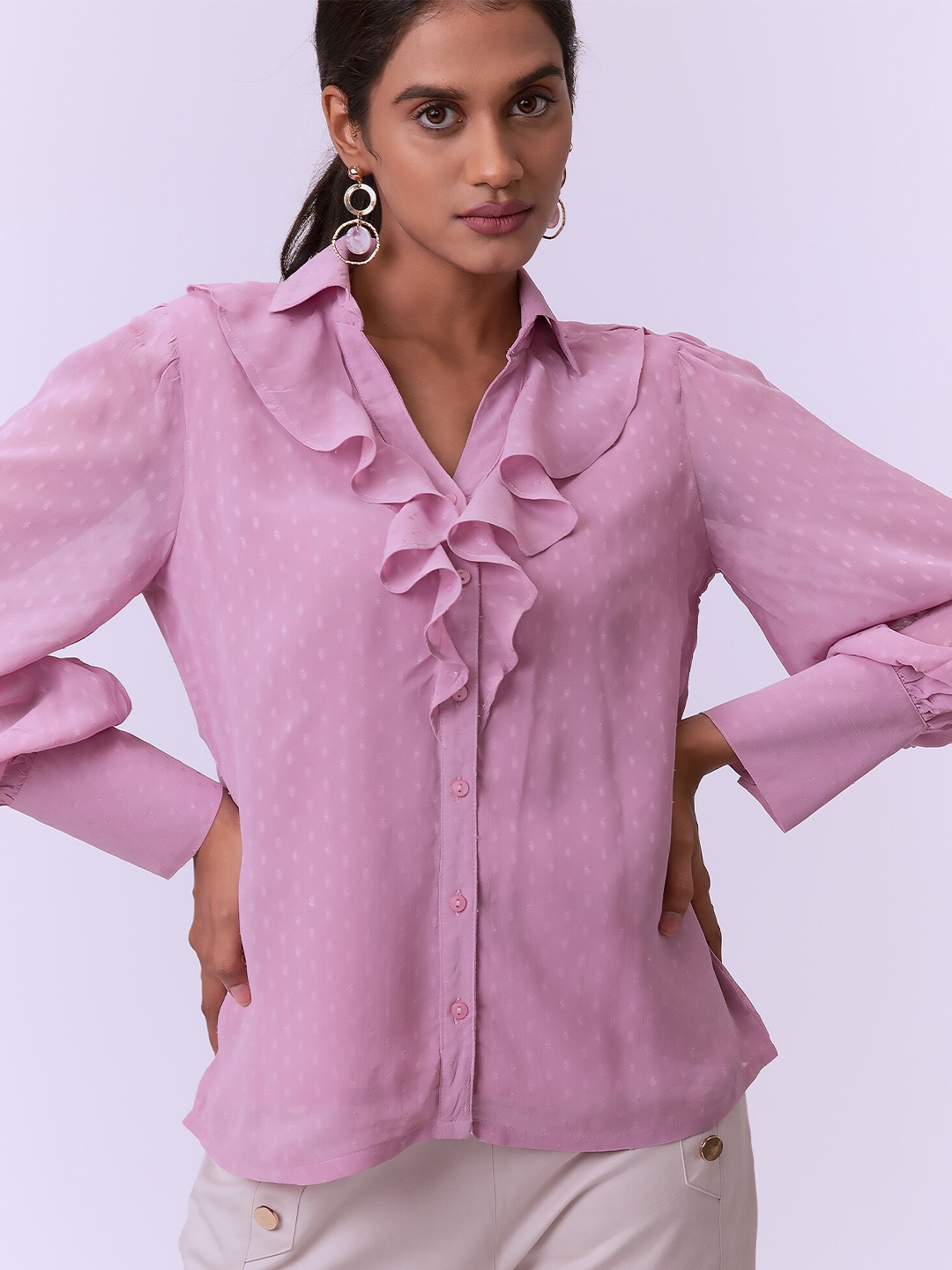 

NOT SO PINK Women Henley Neck Frill Collar Shirt, Mauve
