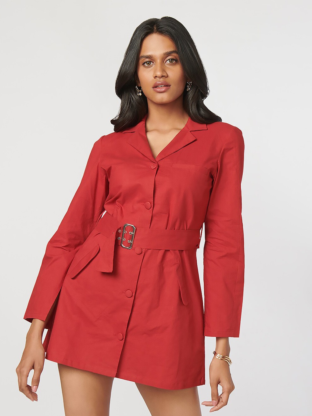 

NOT SO PINK Spread Collar Front Pocket Belted Shaket, Red