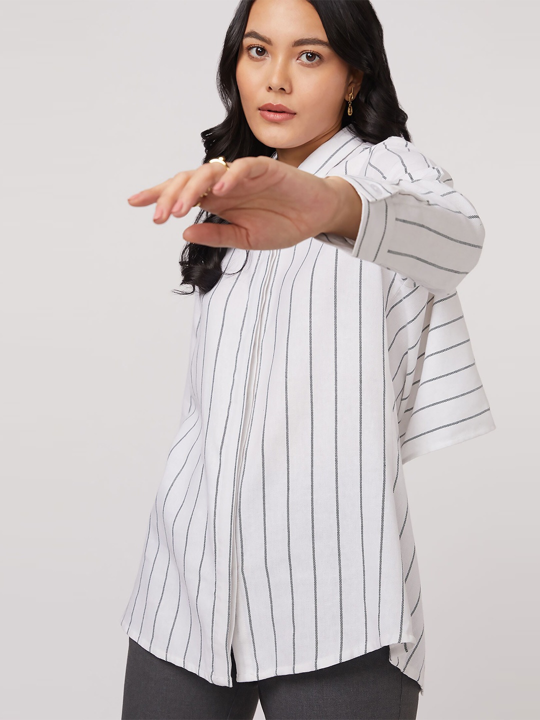 

NOT SO PINK Women Striped Cotton Shirt, Off white