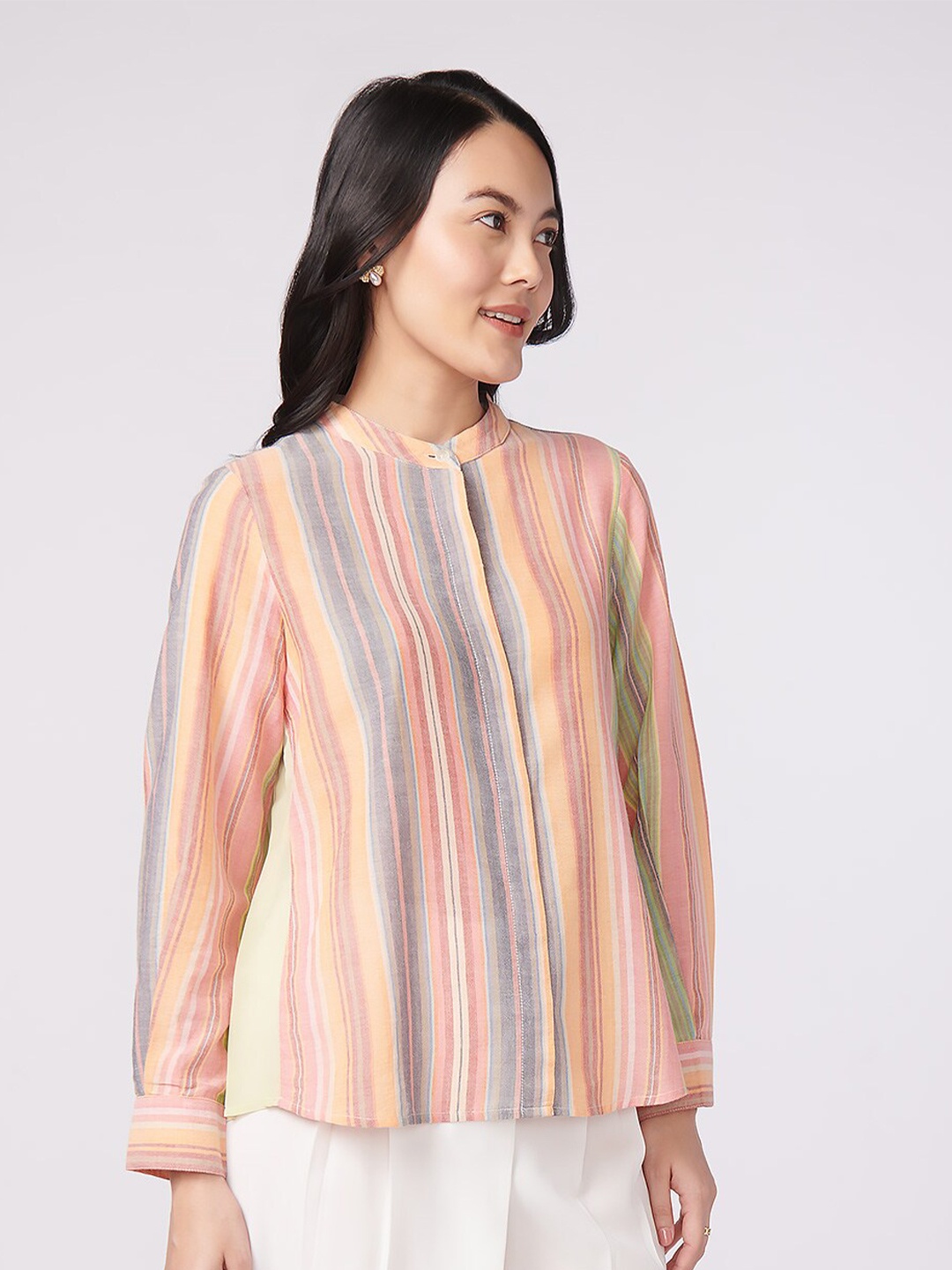 

NOT SO PINK Women Striped Shirt, Beige