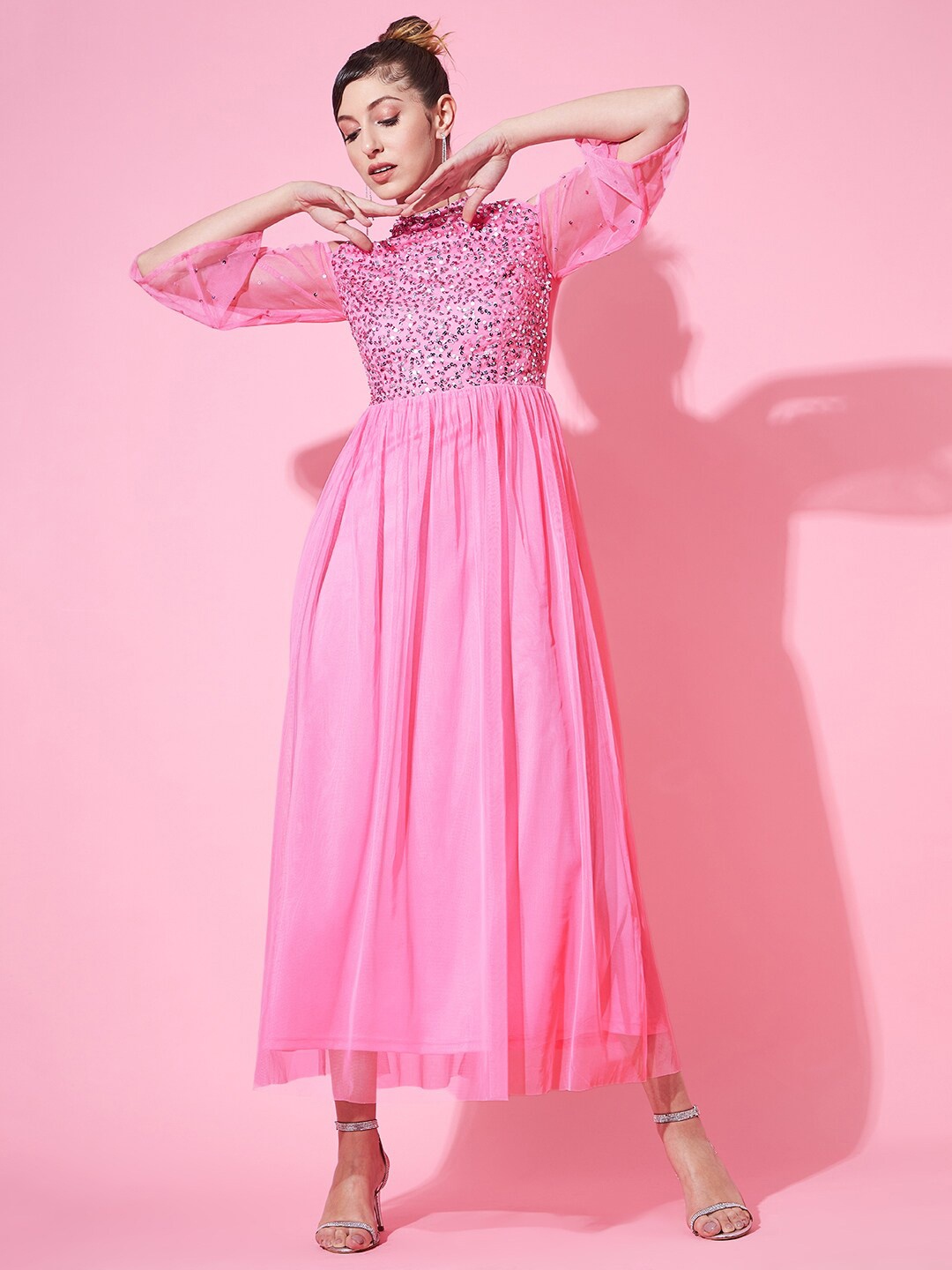 

STREET 9 Women Floral Halter Neck Net Maxi Dress, Pink