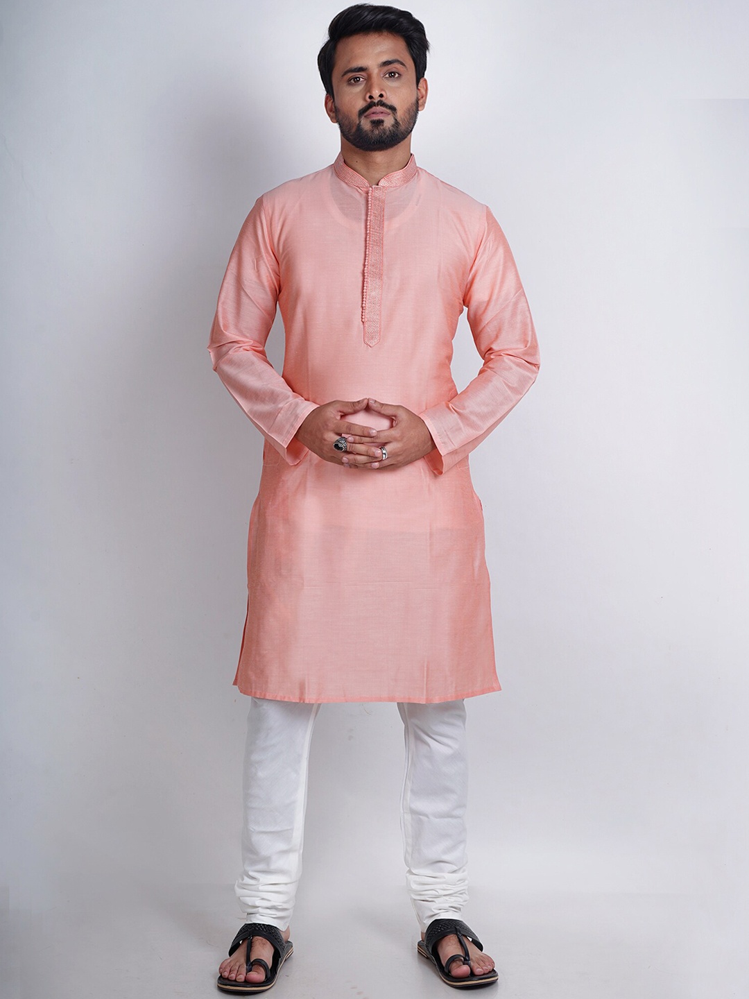 

HERE&NOW Men Mandarin Collar Kurta with Churidar, Peach