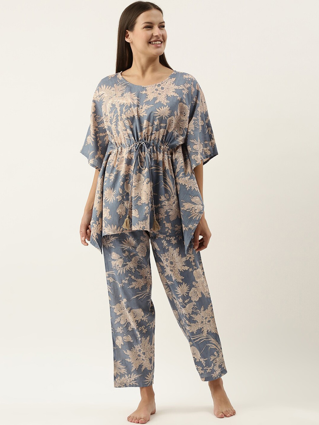 

RangDeep Printed Pure Cotton Kaftan Night suit, Grey