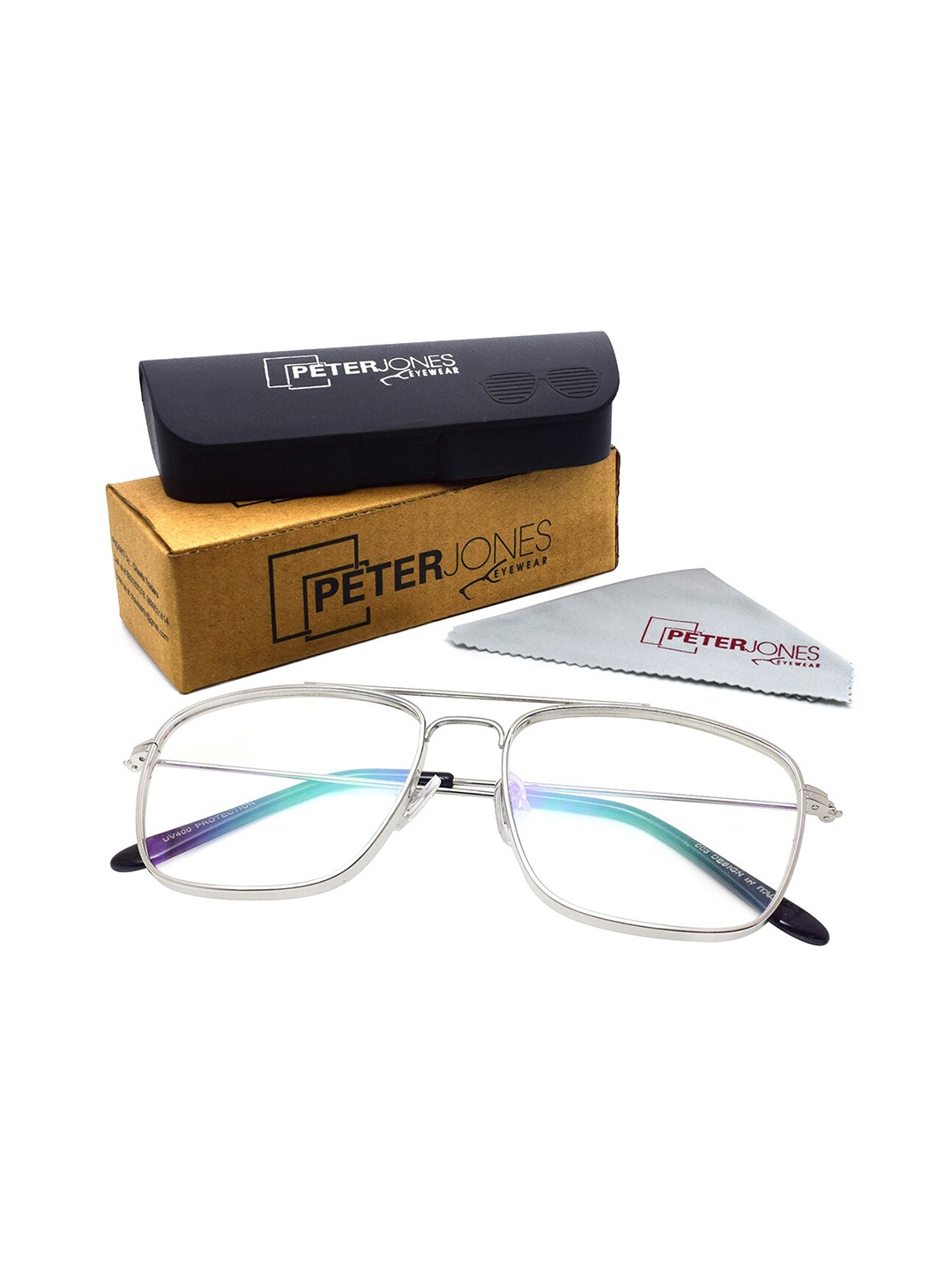 

Peter Jones Eyewear Unisex Full Rim Square Frames With Anti Glare Lenses, Silver