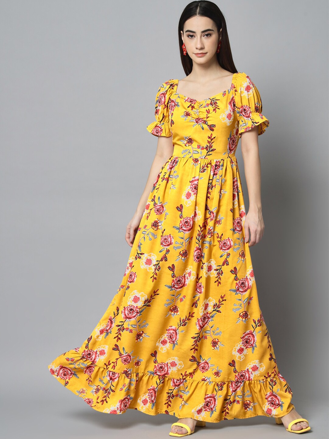 

emeros Women Floral Printed Crepe Maxi Dress, Yellow