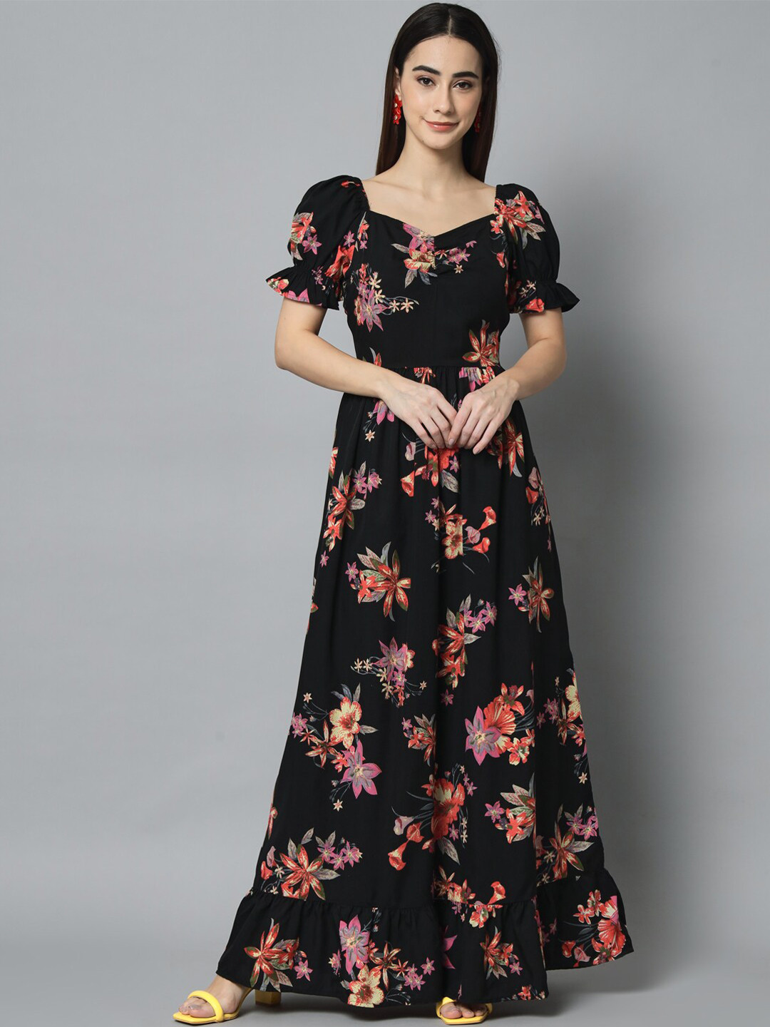 

emeros Women Floral Printed Crepe Maxi Dress, Black