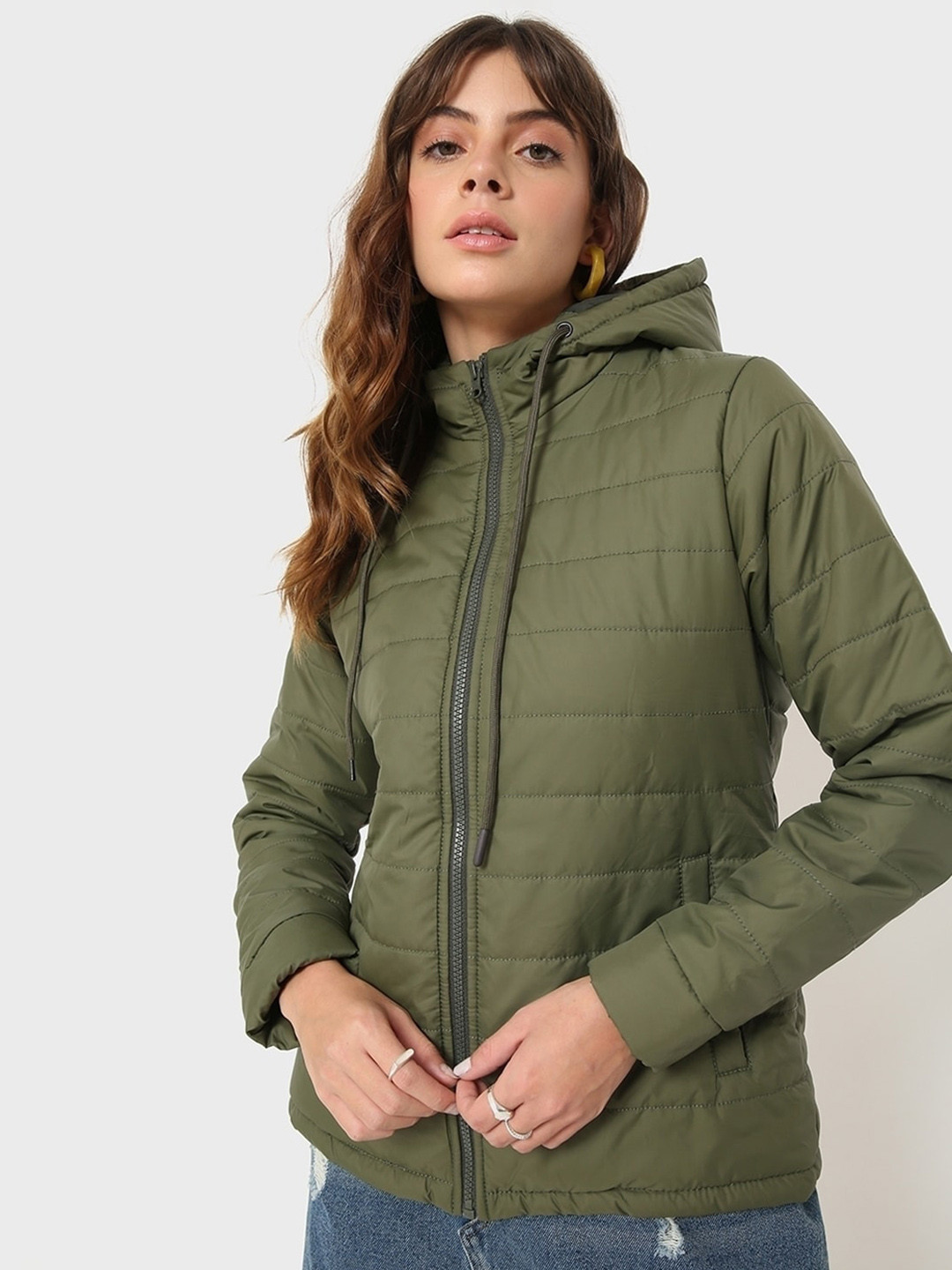 

Bewakoof Women Longline Hooded Padded Jacket, Green