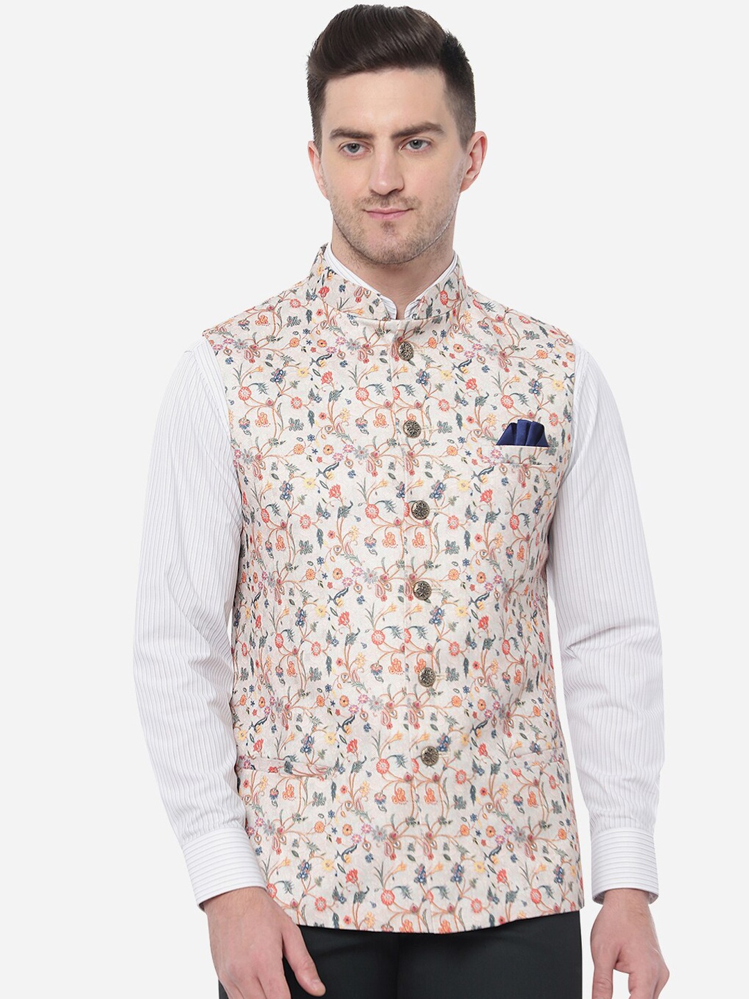 

JB STUDIO Men Printed Pure Woolen Nehru Jacket, Cream