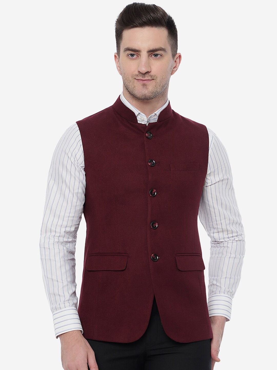 

JB STUDIO Men Woven Pure Wool Nehru Jacket, Red