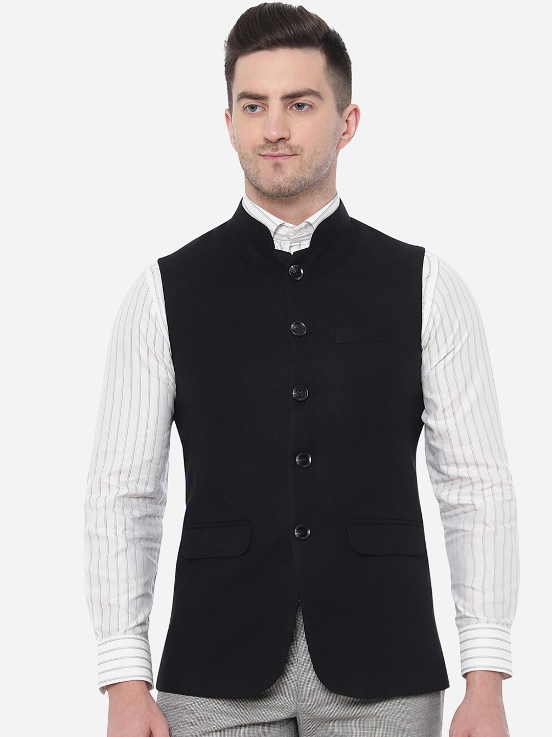 

JB STUDIO Men Solid Pure Wool Nehru Jacket, Black