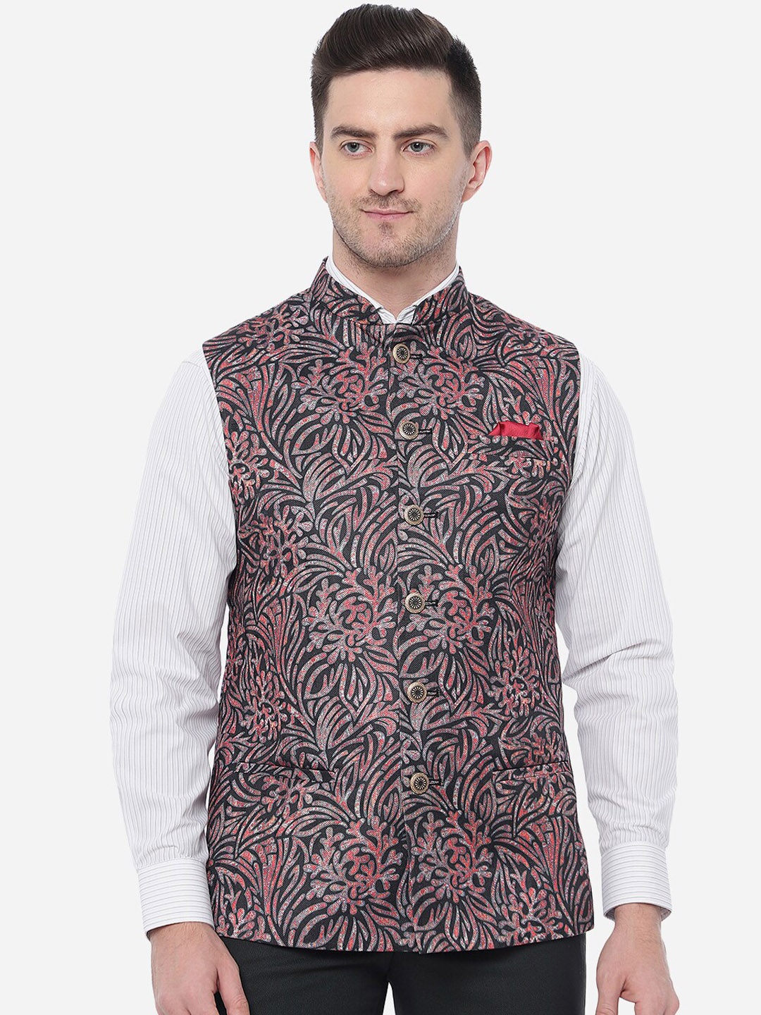 

JB STUDIO Men Printed Pure Wool Nehru Jacket, Black