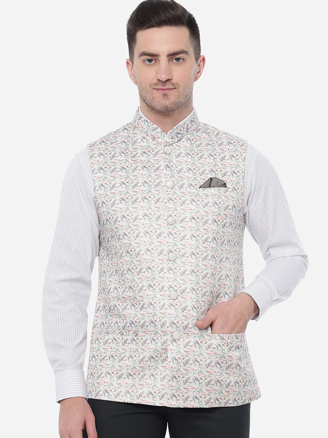 

JB STUDIO Men Printed Pure Wool Nehru Jacket, Off white