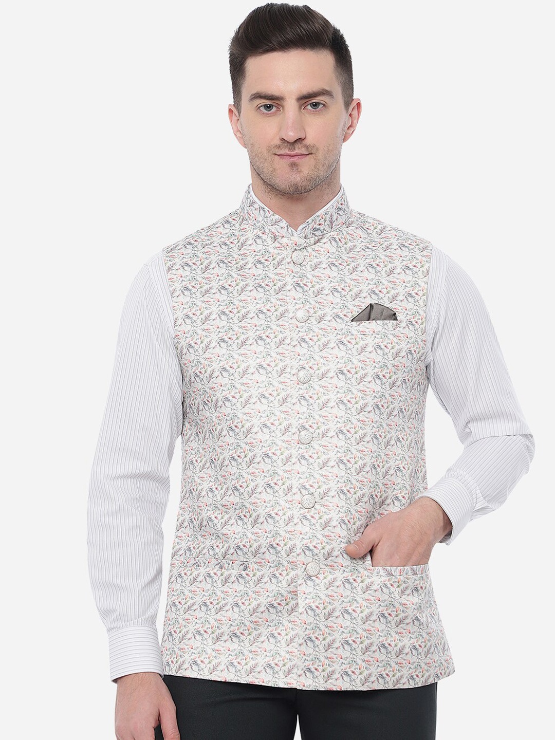 

JB STUDIO Men Printed Pure Wool Nehru Jacket, Off white