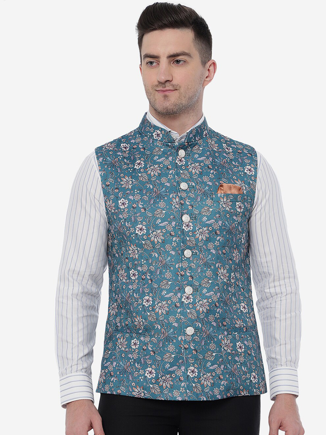 

JB STUDIO Men Printed Pure Woolen Nehru Jacket, Turquoise blue