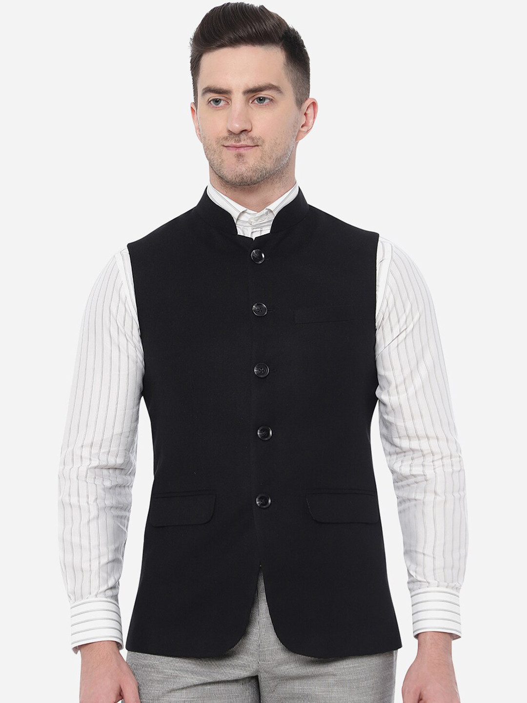 

JB STUDIO Men Solid Pure Wool Nehru Jacket, Black