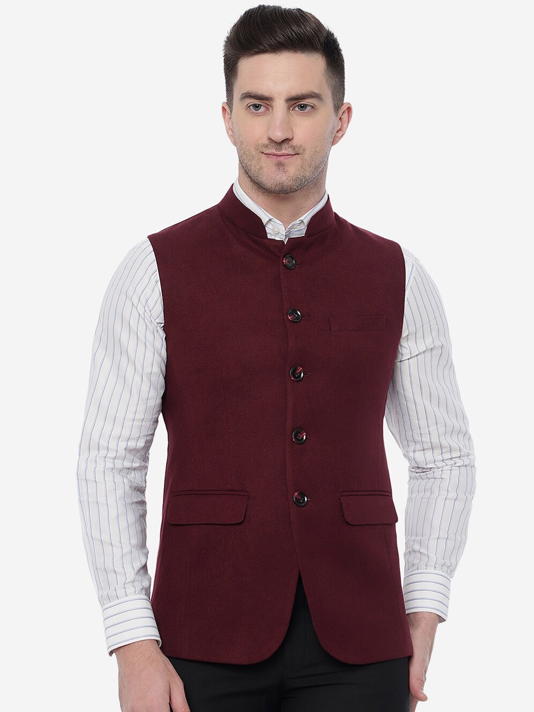 

JB STUDIO Men Plus Size Solid Pure Wool Nehru Jacket, Maroon