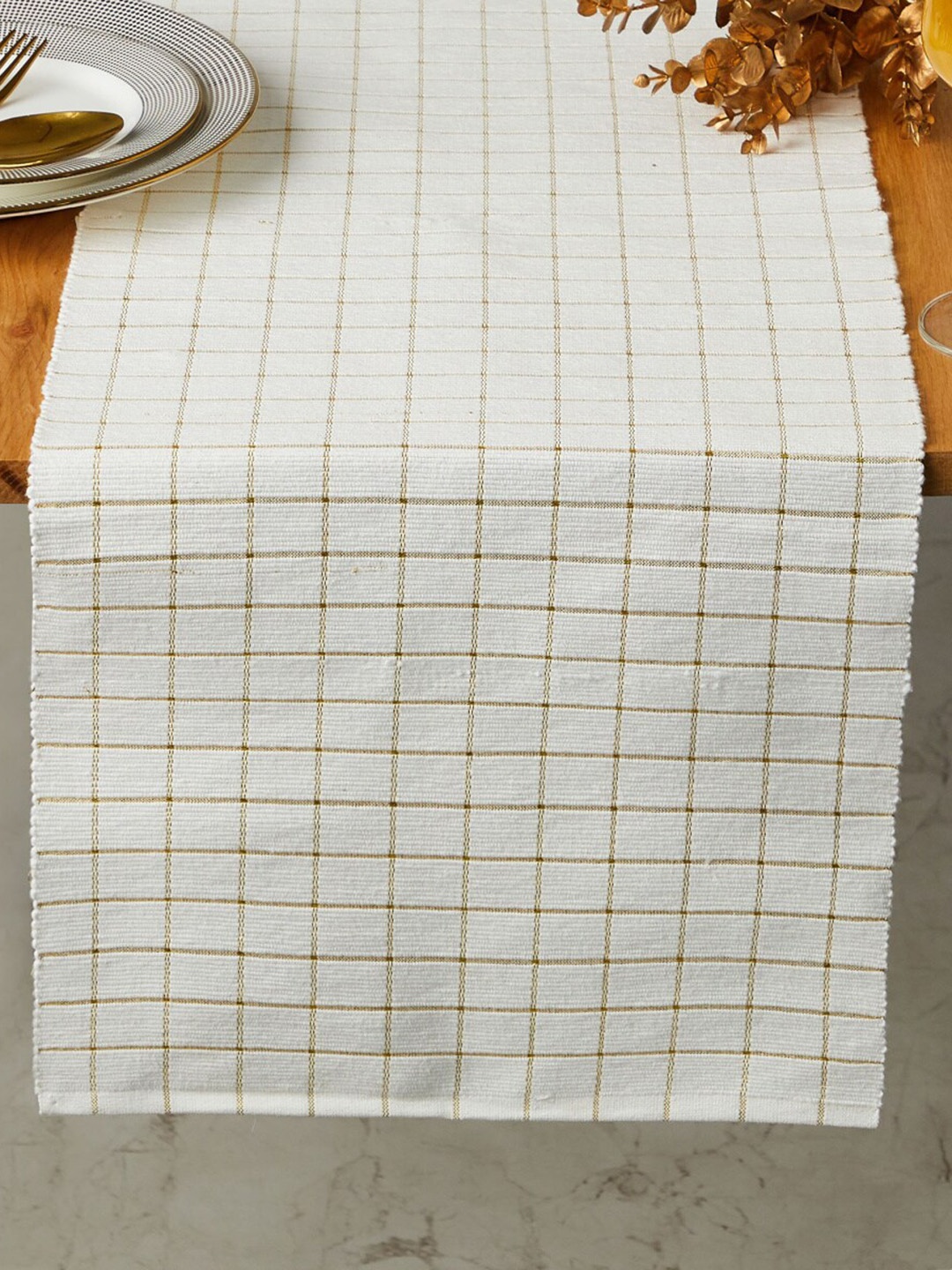 

Home Centre Glitz White & Gold Toned Checked Pure Cotton Table Runner
