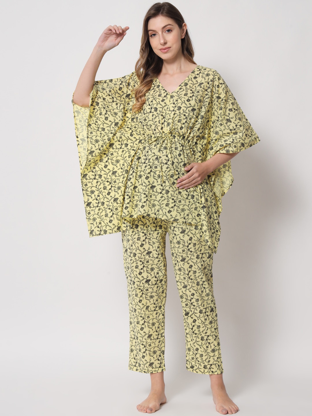 

Aujjessa Women Printed Pure Cotton Maternity Kaftan Night suit, Lime green