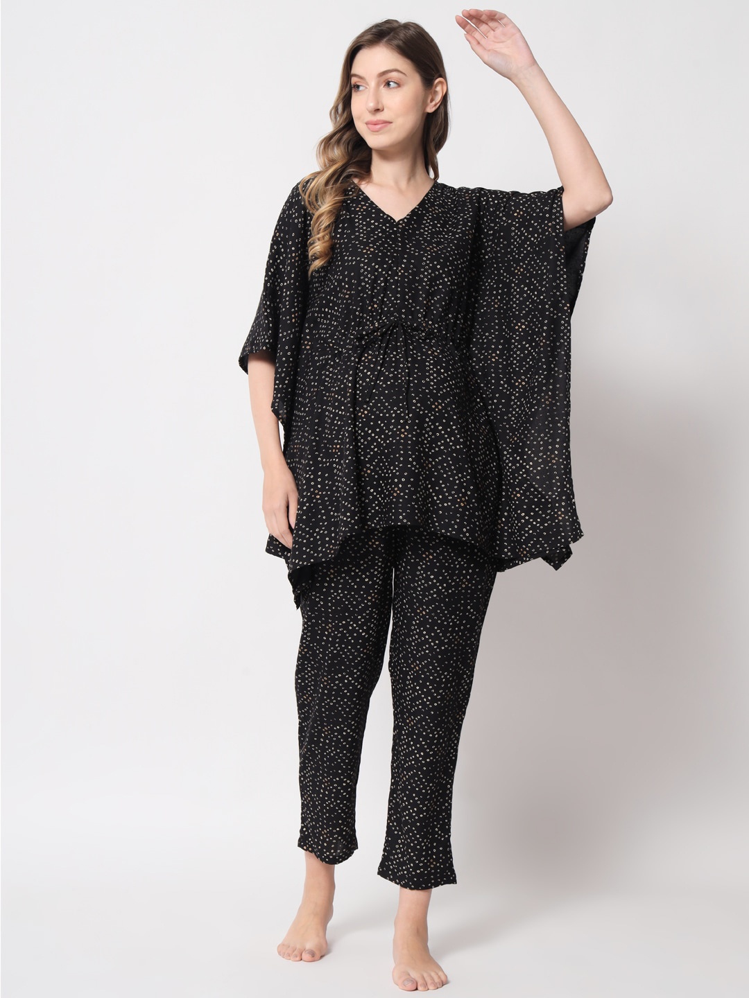 

Aujjessa Women Printed Maternity Kaftan Night suit, Black