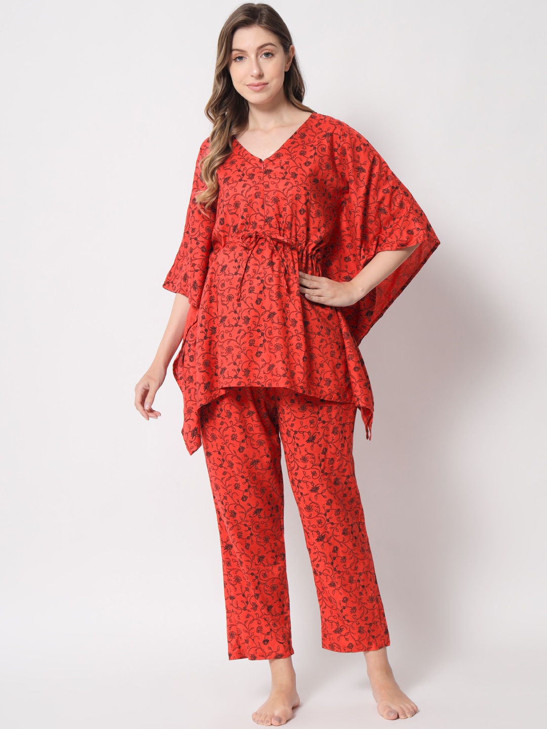

Aujjessa Women Printed Maternity Kaftan Night suit, Red