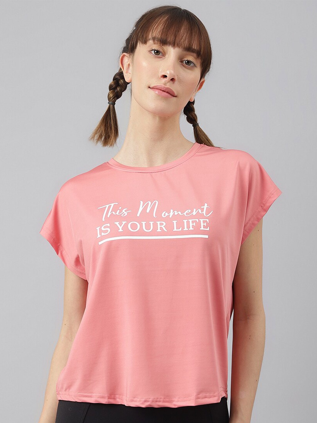 

MKH Women Typography Printed Extended Sleeves Dri-FIT Sports T-shirt, Pink