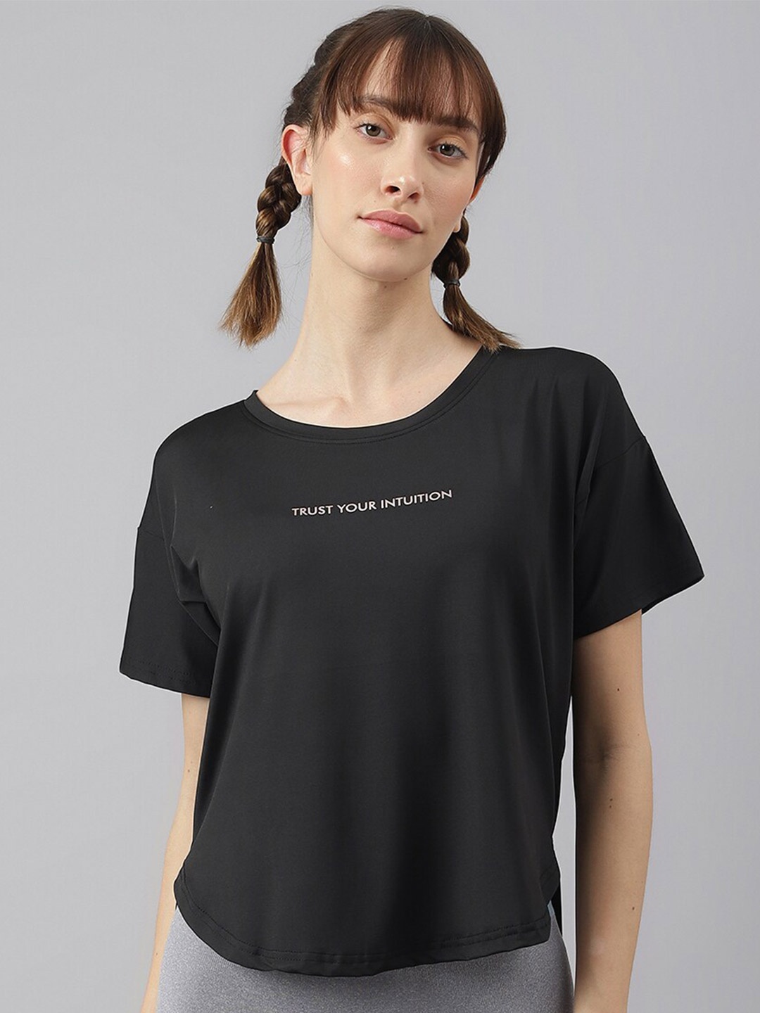 

MKH Women Typography Drop-Shoulder Sleeves Dri-FIT Sports T-shirt, Black